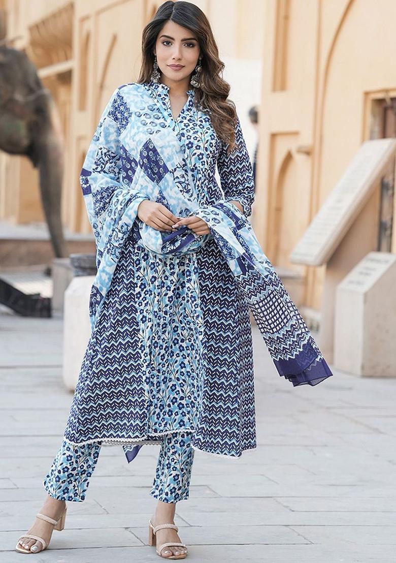 Blue Printed Cotton Anarkali Set - Indya