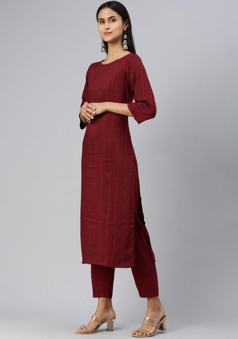 Maroon Striped Silk Kurta Set - Indya