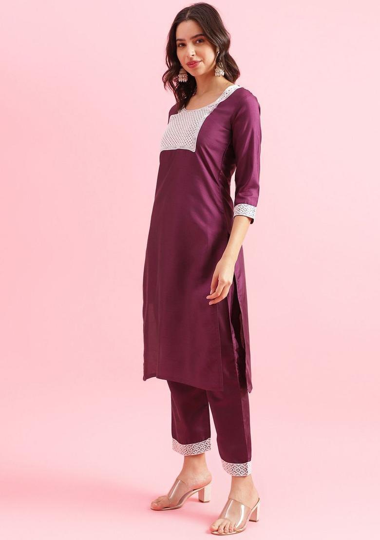 Violet Yoke Design Silk Kurta Set - Indya