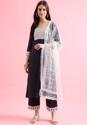 Navy Blue Yoke Design Silk Kurta Set