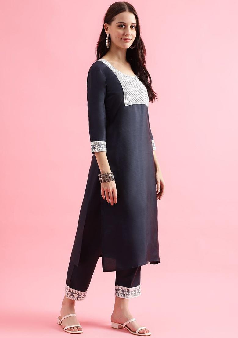 Navy Blue Yoke Design Silk Kurta Set - Indya