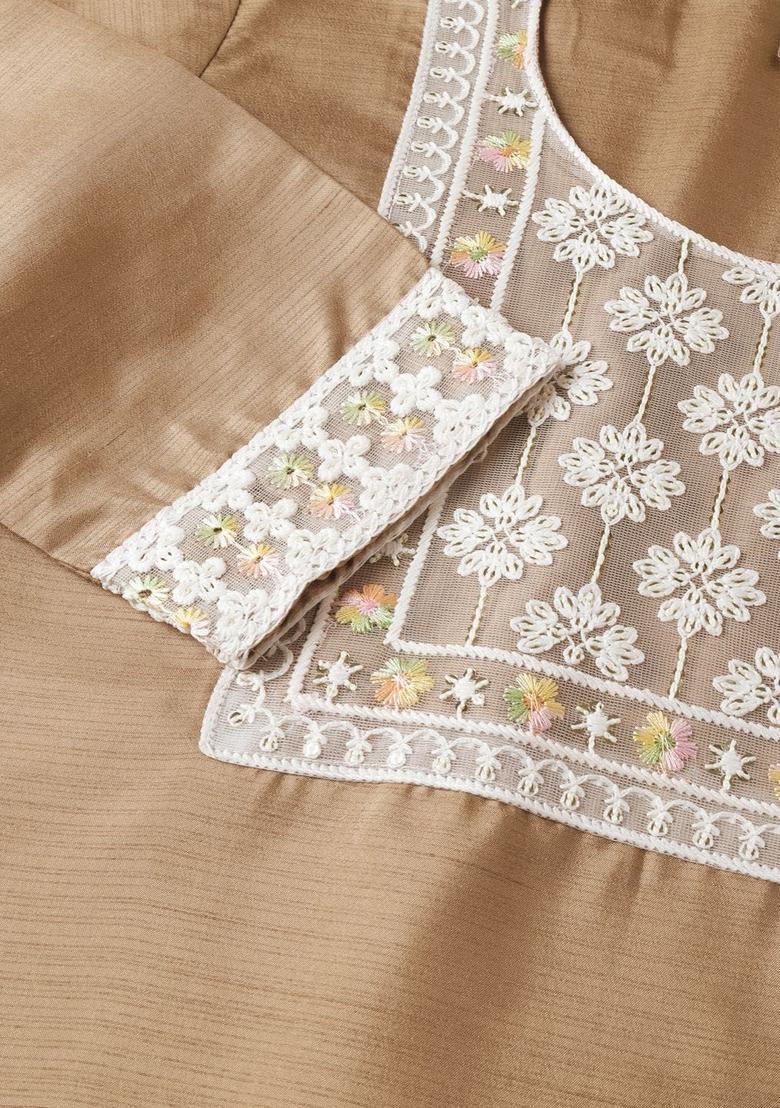 Gold Embroidered Silk Kurta Set - Indya