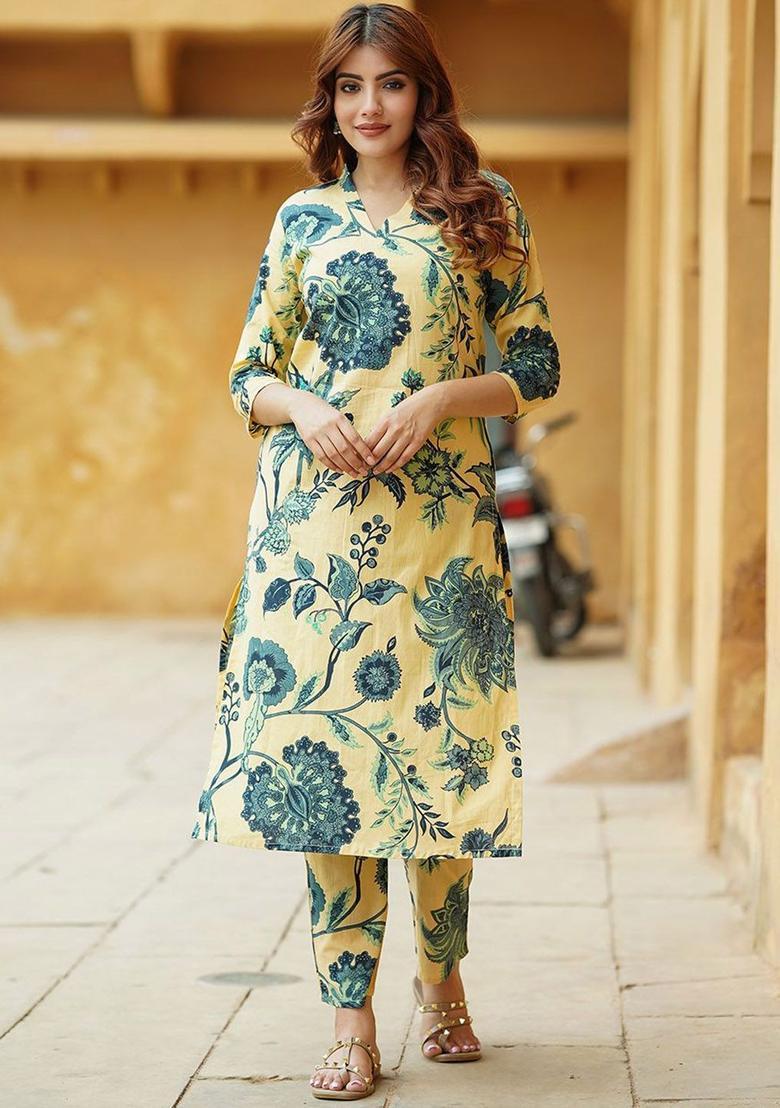 Beige Printed Cotton Kurta Set - Indya