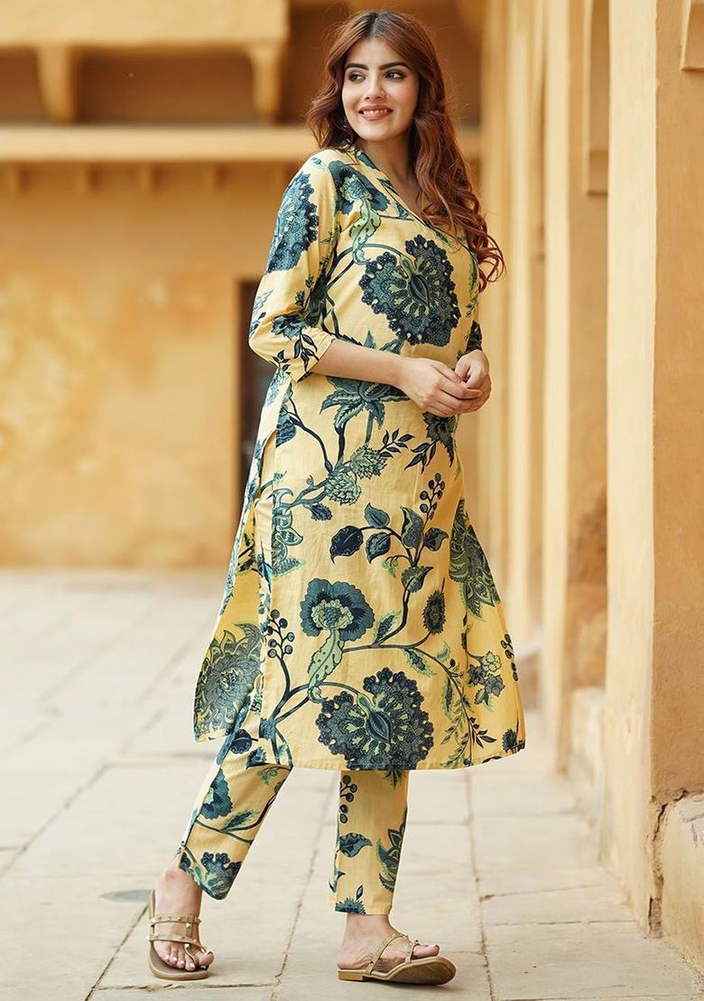 Beige Printed Cotton Kurta Set - Indya