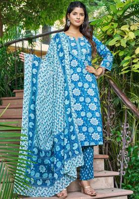 Blue Printed Cotton Kurta Set