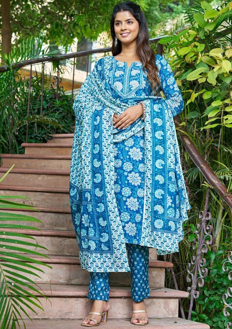 Blue Printed Cotton Kurta Set - Indya