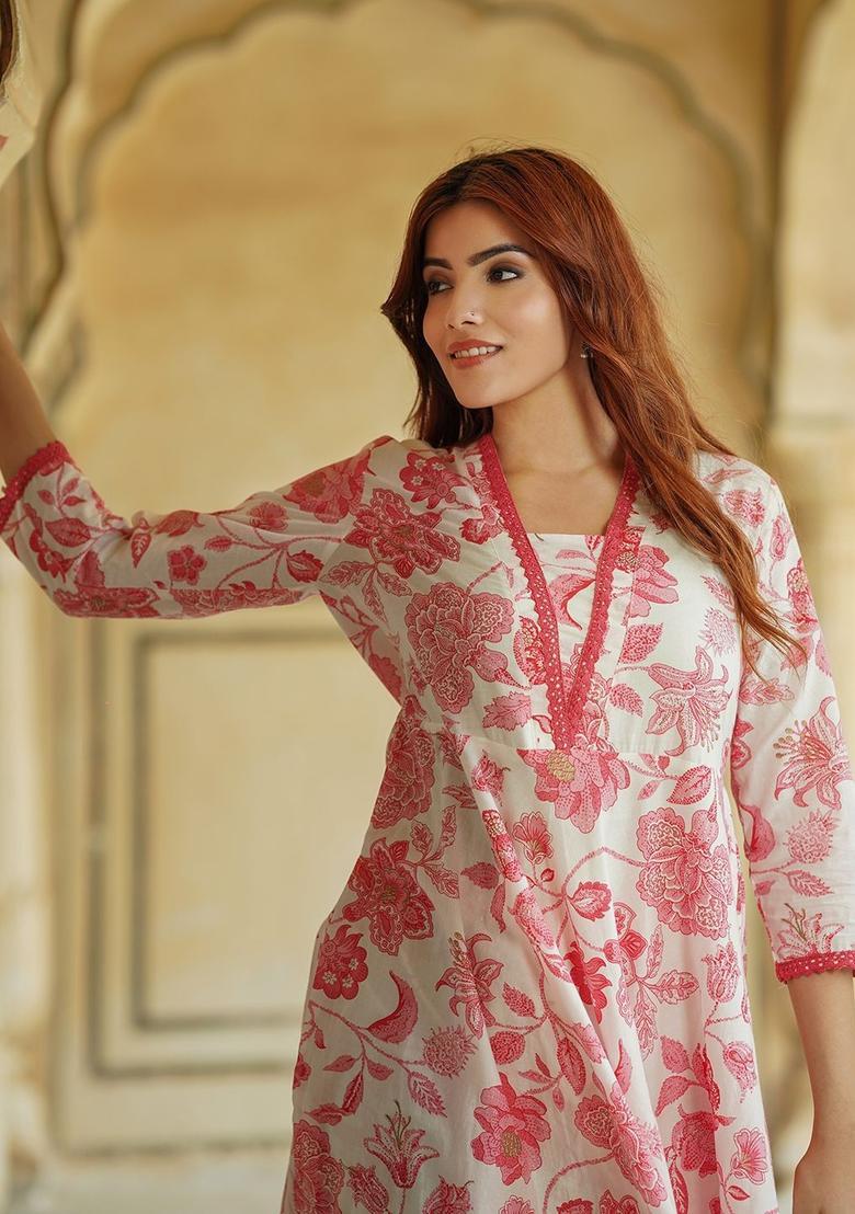 White Printed Cotton Kurta Set - Indya