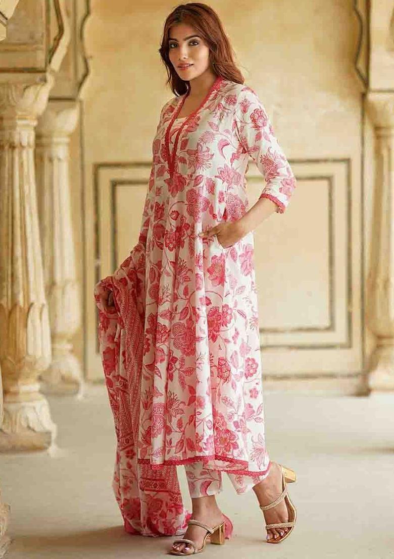 White Printed Cotton Kurta Set - Indya