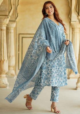 Blue Printed Cotton Kurta Set