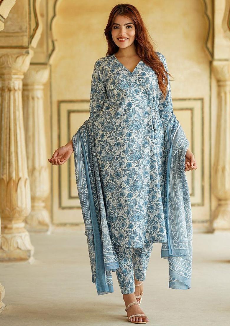 Blue Printed Cotton Kurta Set - Indya