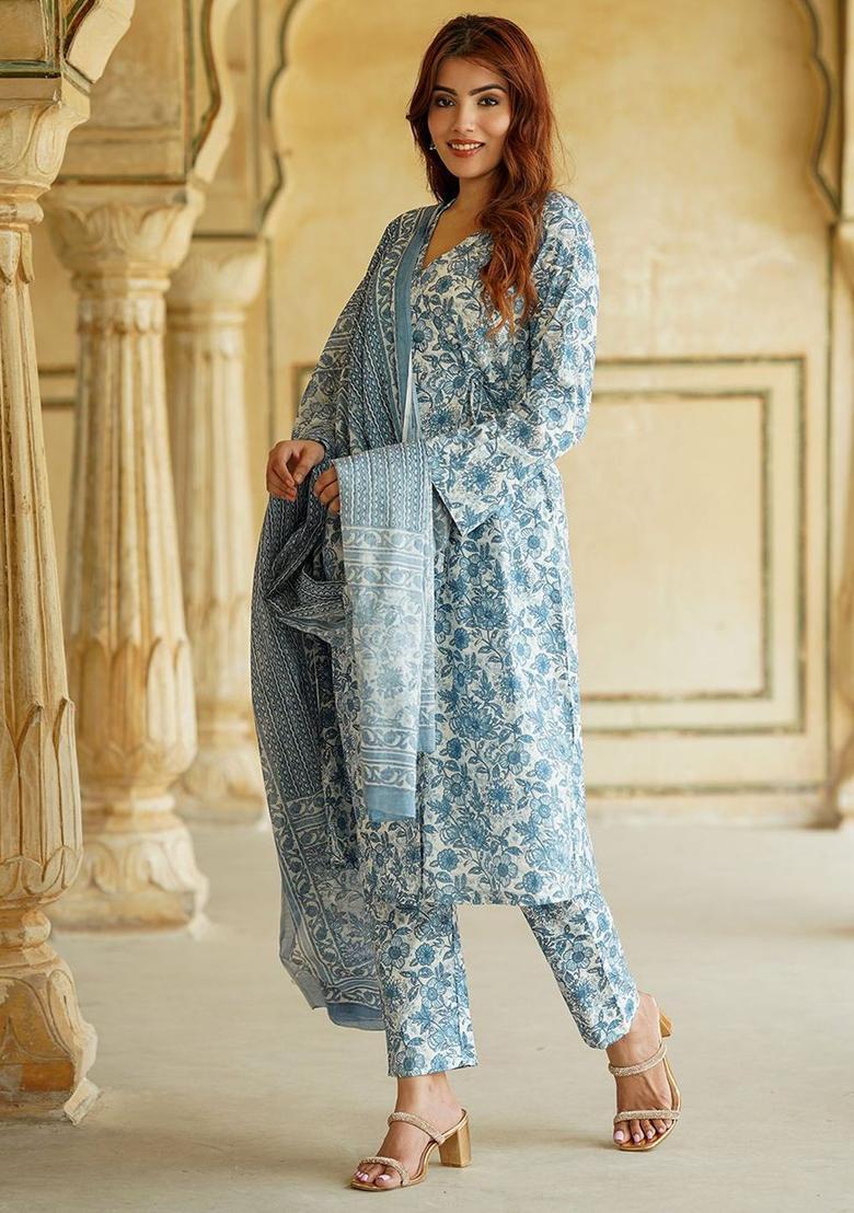 Blue Printed Cotton Kurta Set - Indya