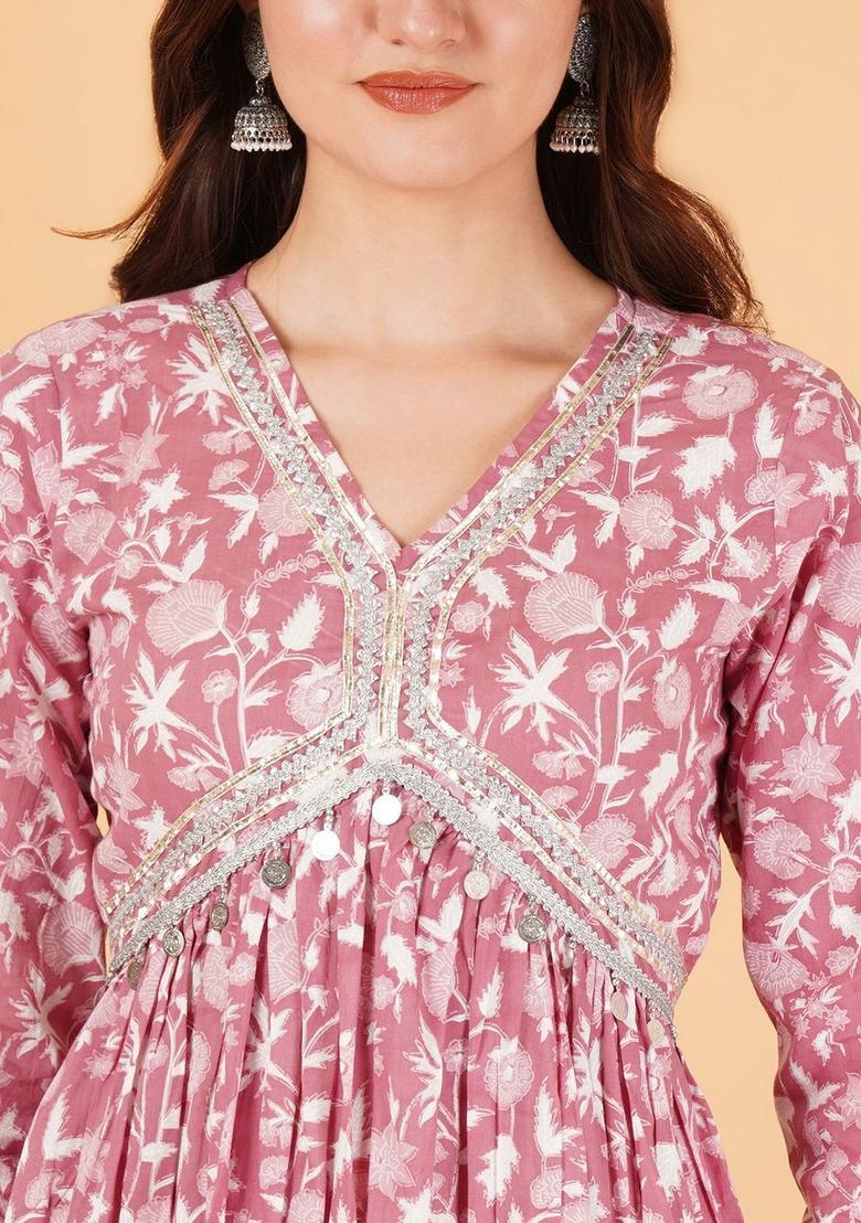 Pink Printed Cotton Anarkali Set - Indya
