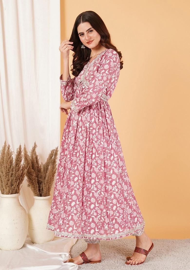 Pink Printed Cotton Anarkali Set - Indya