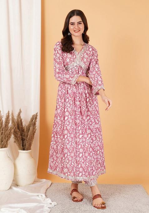 Pink Printed Cotton Anarkali Set — view on Indya
