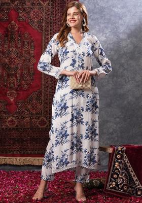 White Printed Viscose Kurta Set