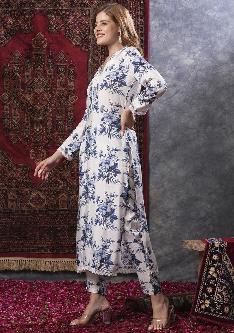 White Printed Viscose Kurta Set - Indya