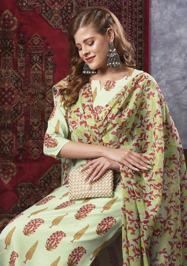 Green Printed Viscose Kurta Set - Indya