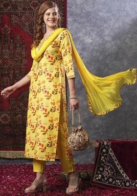 Yellow Printed Viscose Kurta Set