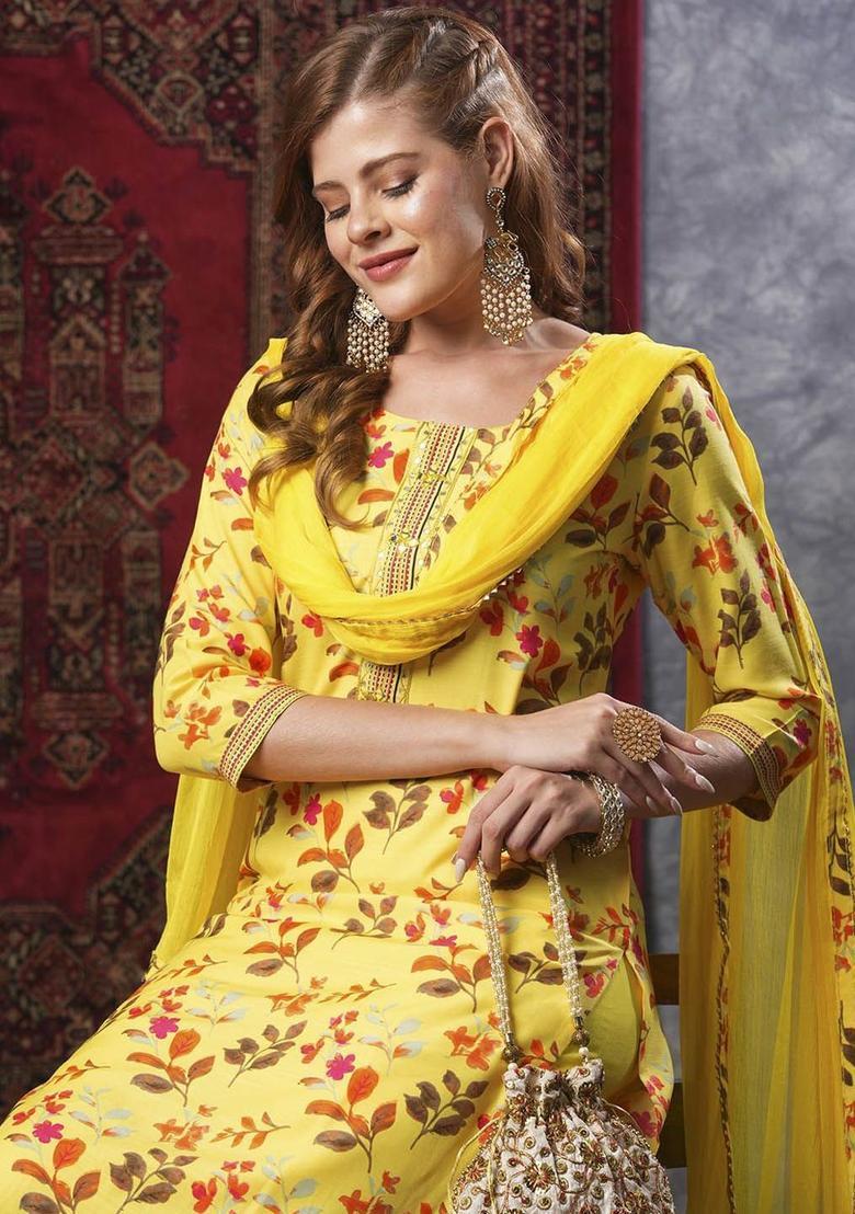 Yellow Printed Viscose Kurta Set - Indya