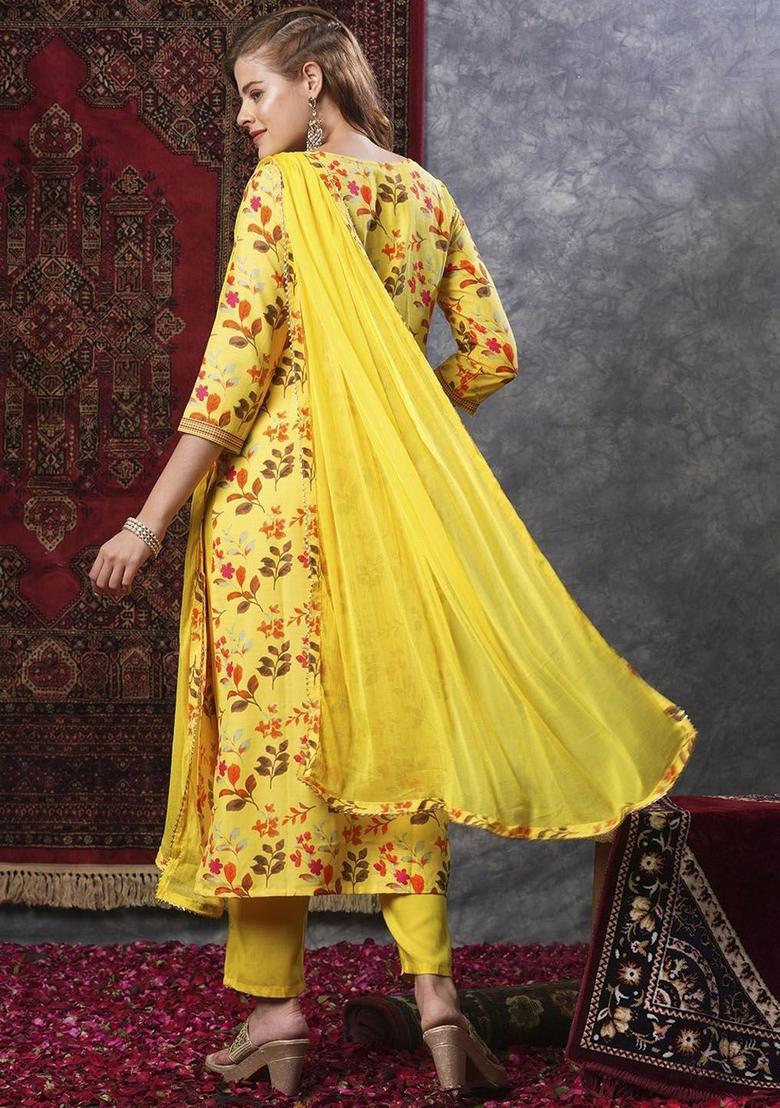 Yellow Printed Viscose Kurta Set - Indya