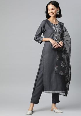 Grey Yoke Design Cotton Kurta Set