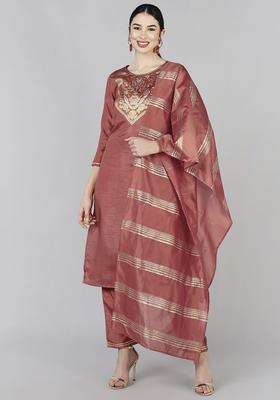 Rust Yoke Design Silk Blend Kurta Set