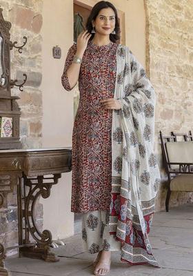 Maroon Printed Cotton Kurta Set