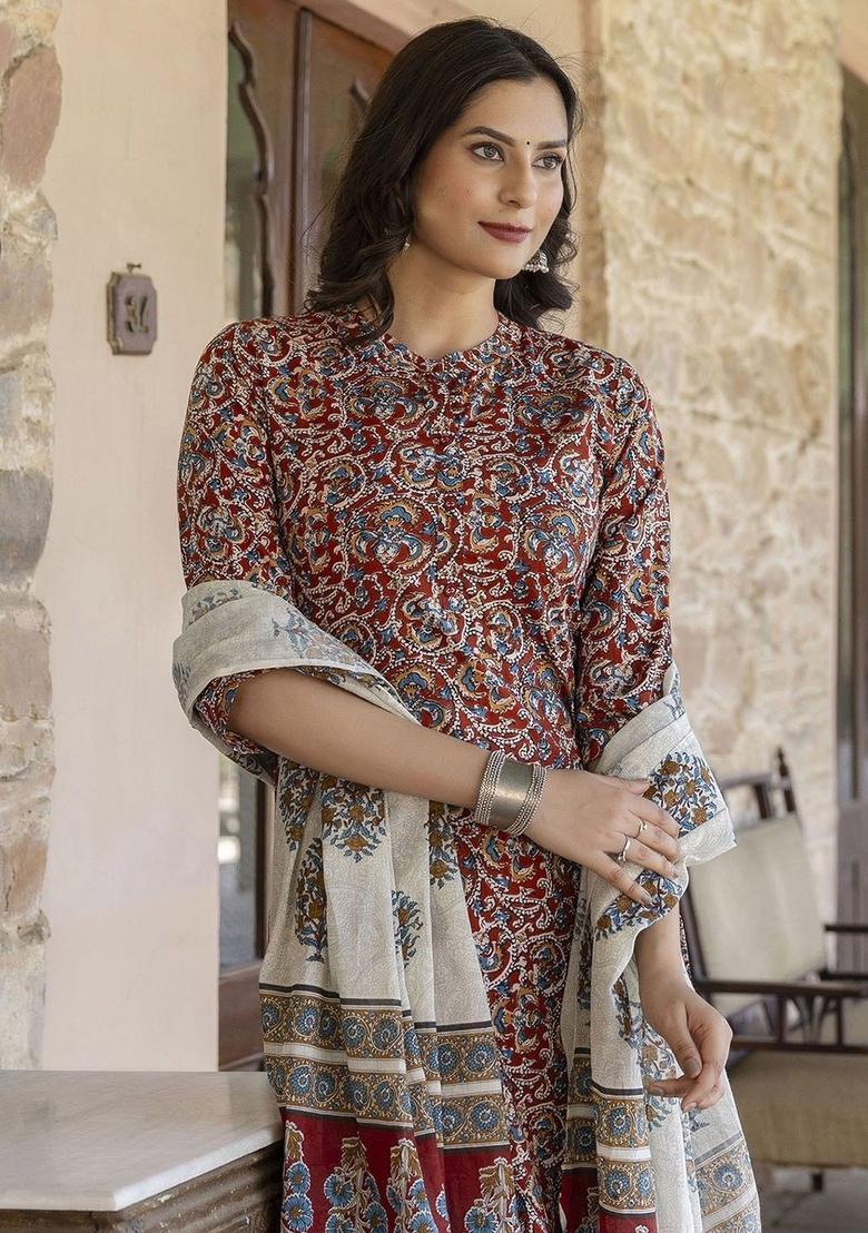 Maroon Printed Cotton Kurta Set - Indya