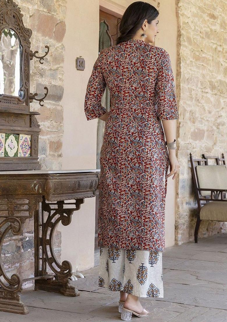 Maroon Printed Cotton Kurta Set - Indya