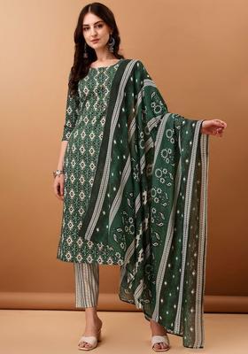 Green Printed Cotton Kurta Set