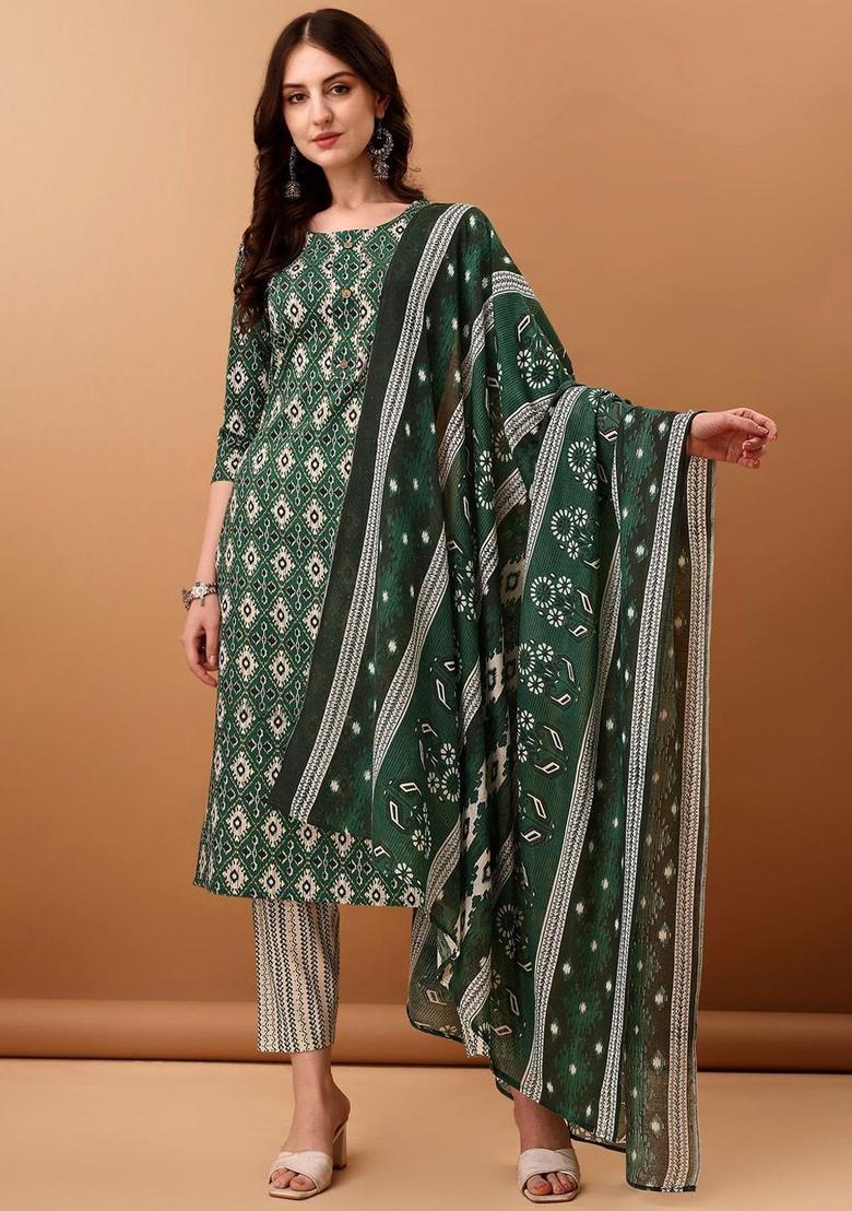 Green Printed Cotton Kurta Set - Indya