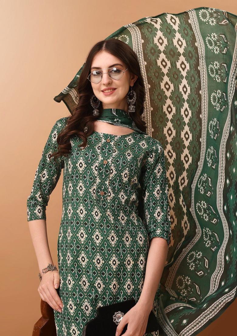 Green Printed Cotton Kurta Set - Indya