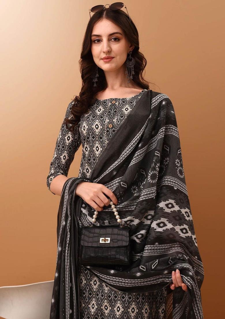Grey Printed Cotton Kurta Set - Indya