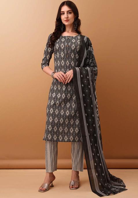 Grey Printed Cotton Kurta Set