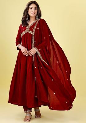 Maroon Embroidered Cotton Anarkali Set