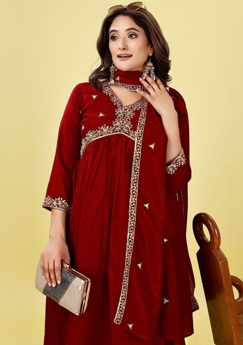 Maroon Embroidered Cotton Anarkali Set - Indya