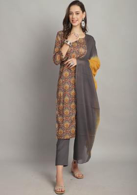Grey Printed Cotton Kurta Set
