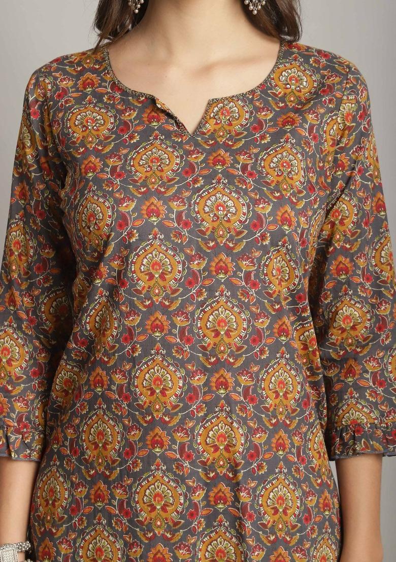 Grey Printed Cotton Kurta Set - Indya