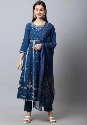Teal Embroidered Viscose Kurta Set