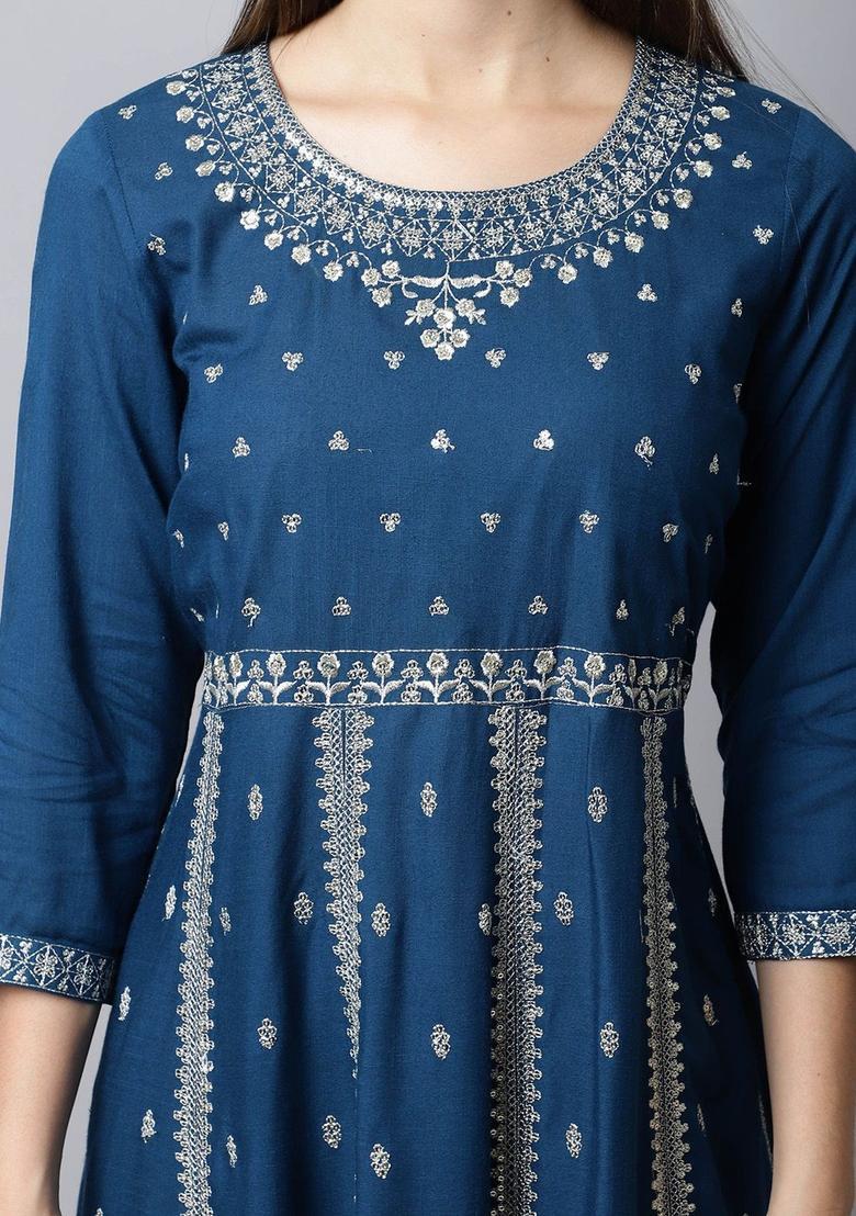 Teal Embroidered Viscose Kurta Set - Indya