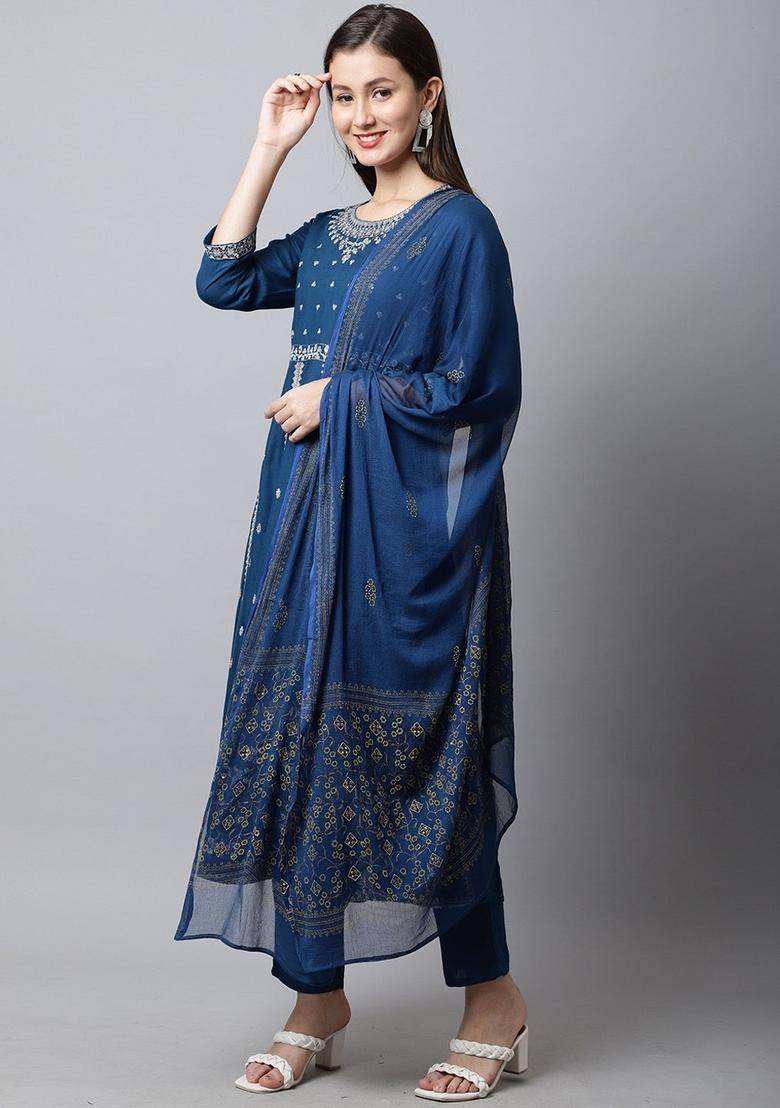 Teal Embroidered Viscose Kurta Set - Indya