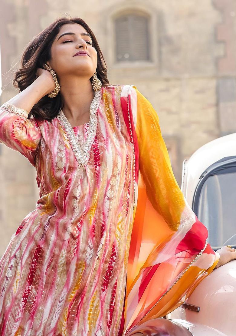 Pink Printed Viscose Kurta Set - Indya