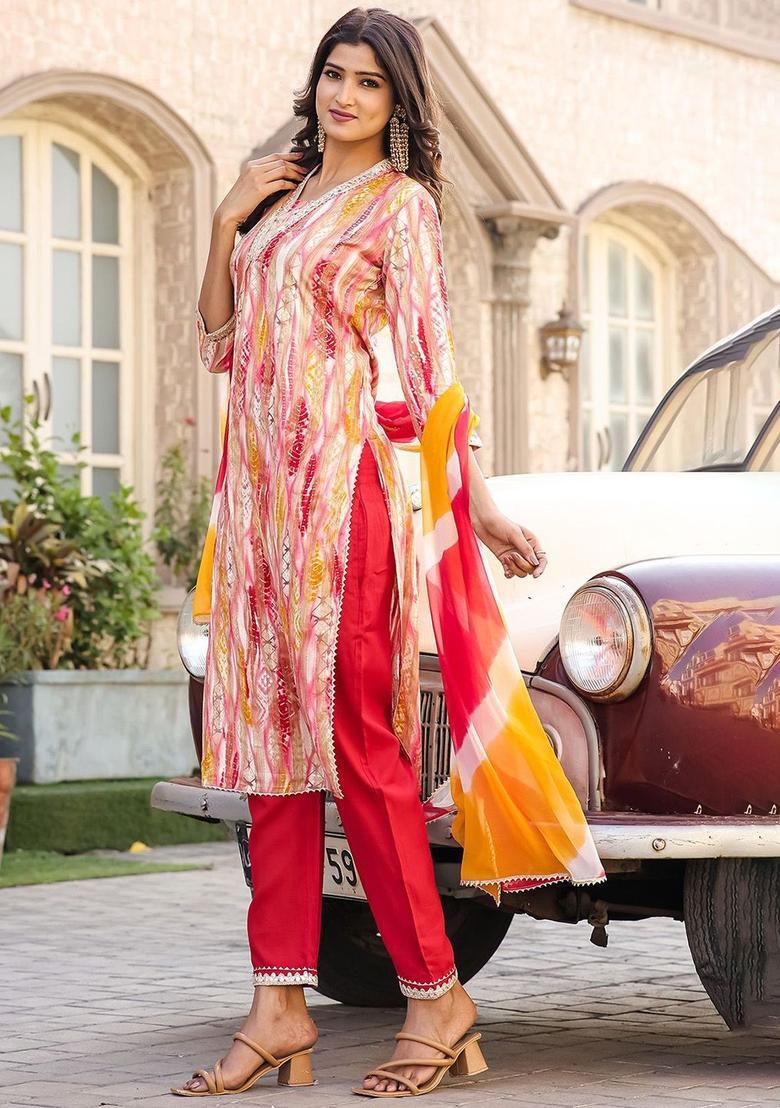 Pink Printed Viscose Kurta Set - Indya