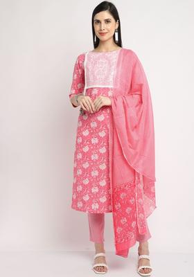 Pink Printed Cotton Kurta Set