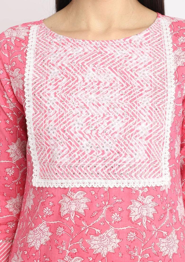 Pink Printed Cotton Kurta Set - Indya