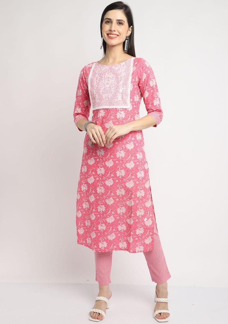 Pink Printed Cotton Kurta Set - Indya