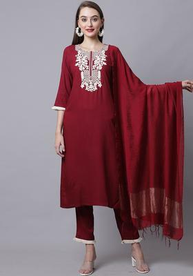Maroon Embroidered Cotton Kurta Set