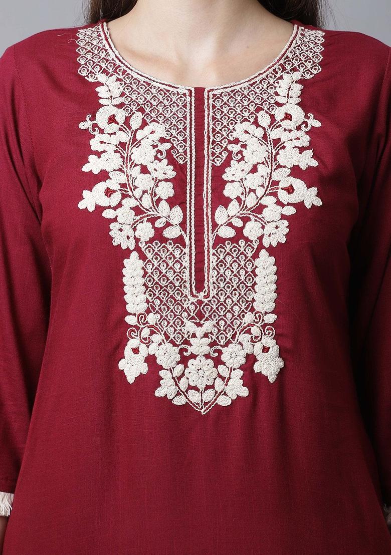 Maroon Embroidered Cotton Kurta Set - Indya