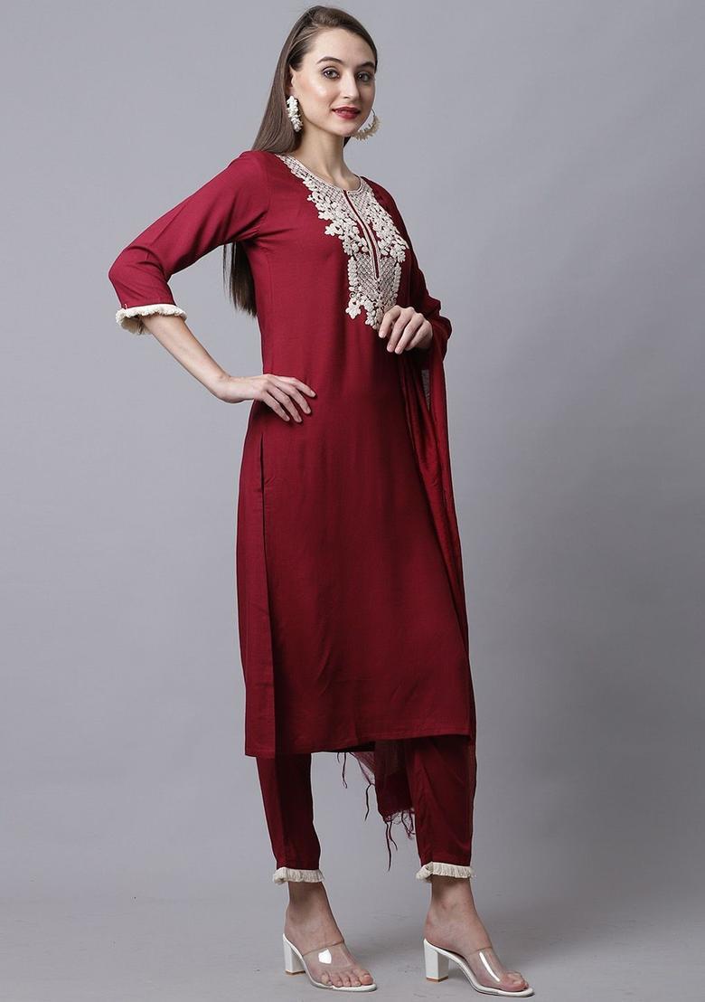 Maroon Embroidered Cotton Kurta Set - Indya