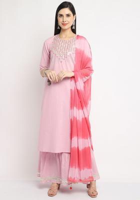 Pink Embroidered Cotton Kurta Set